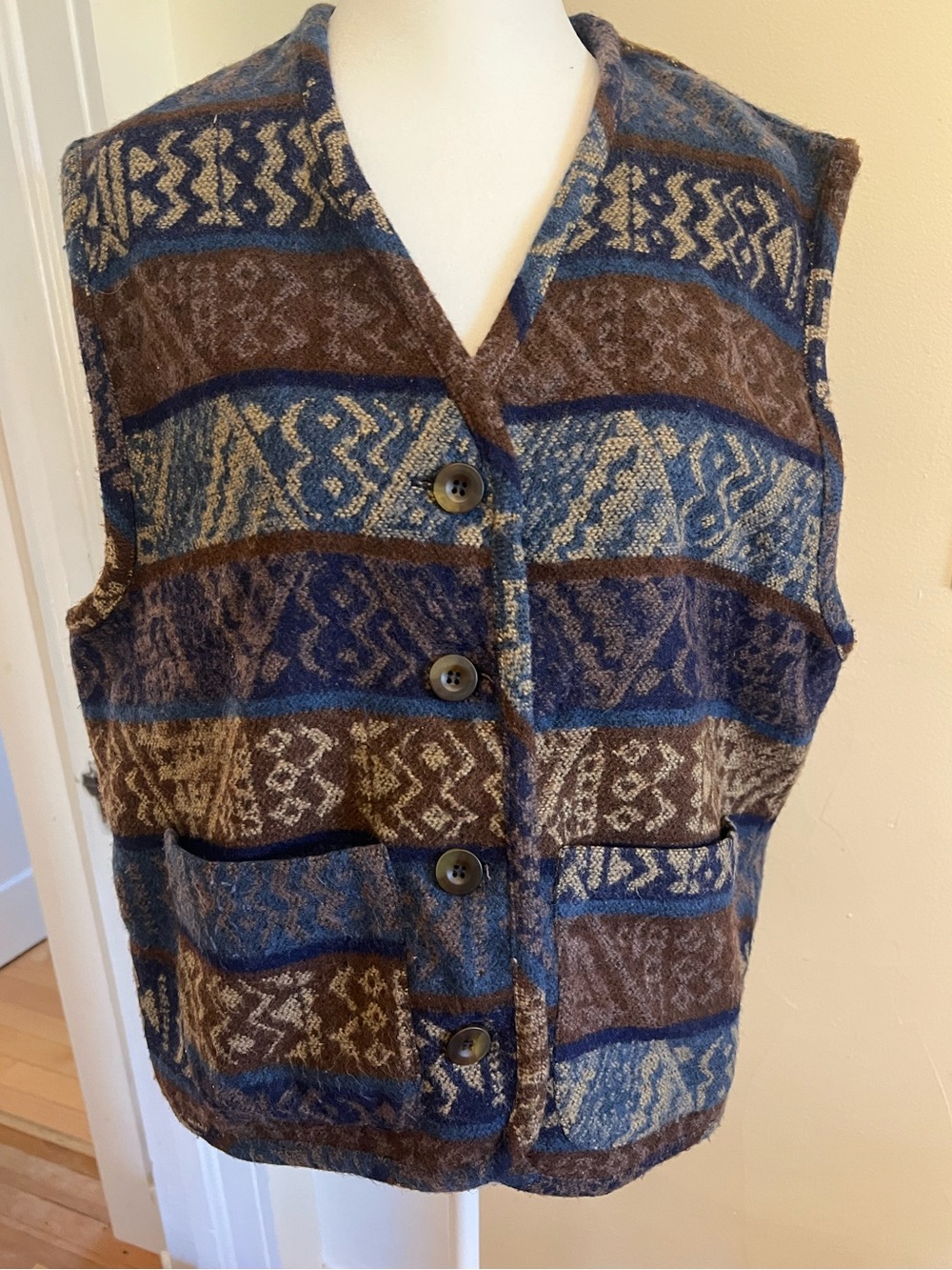 Vintage Patterned Wool Blend Vest - Blue & Brown Medium